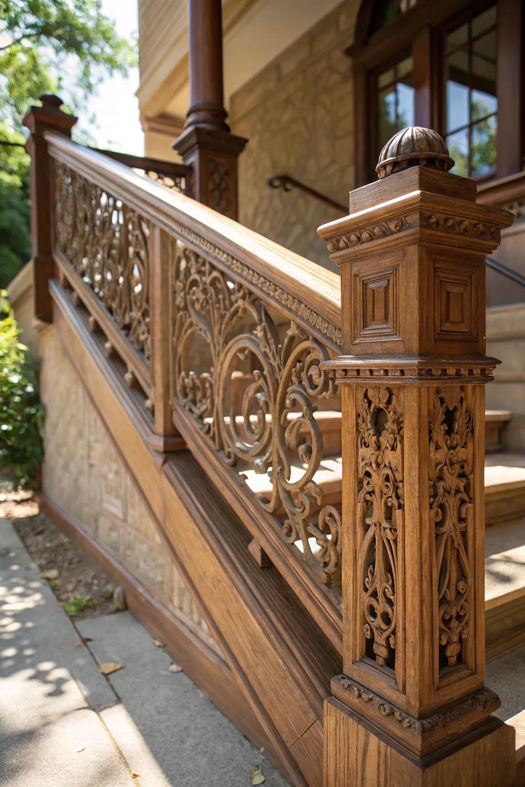 Detailed skilled craftsmanship in an elaborate Craftsman railing.