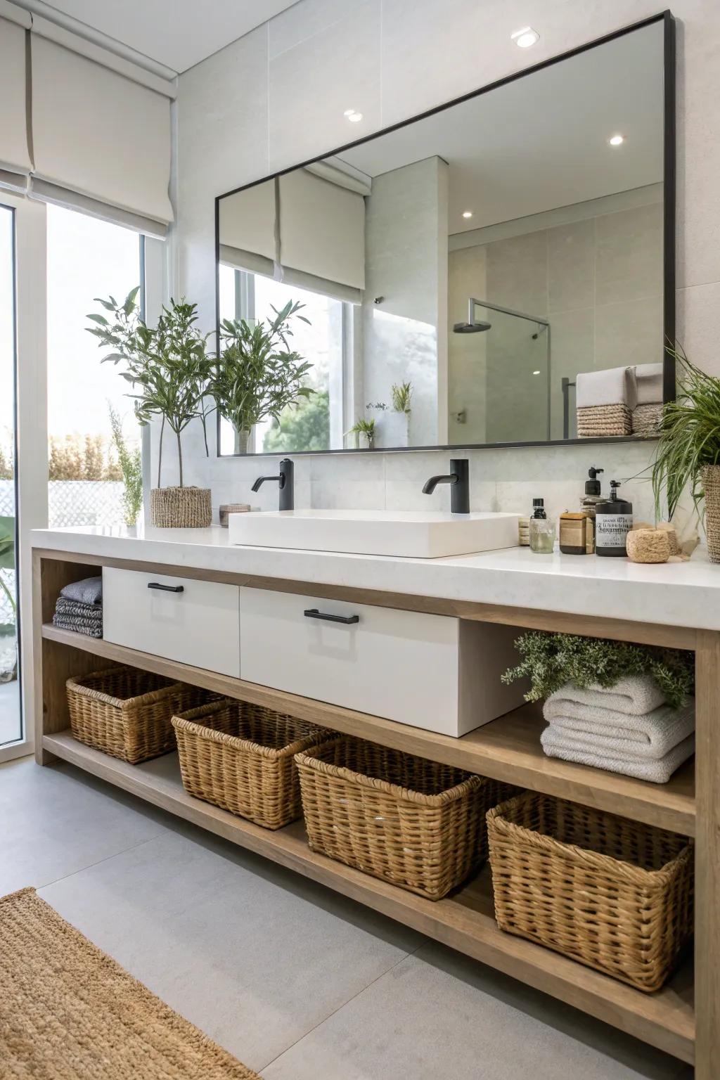 A wall-mounted vanity offers both style and functional storage space.