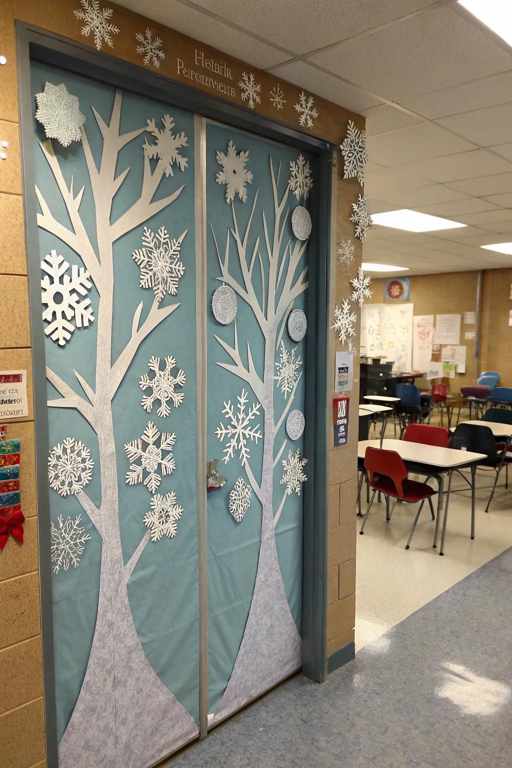 A classroom door changed into a serene winter retreat with snowflakes and frosty trees.