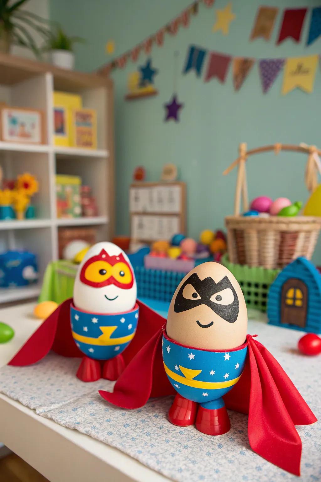 Eggs wearing hero outfits, ready to save the day with fun decor.