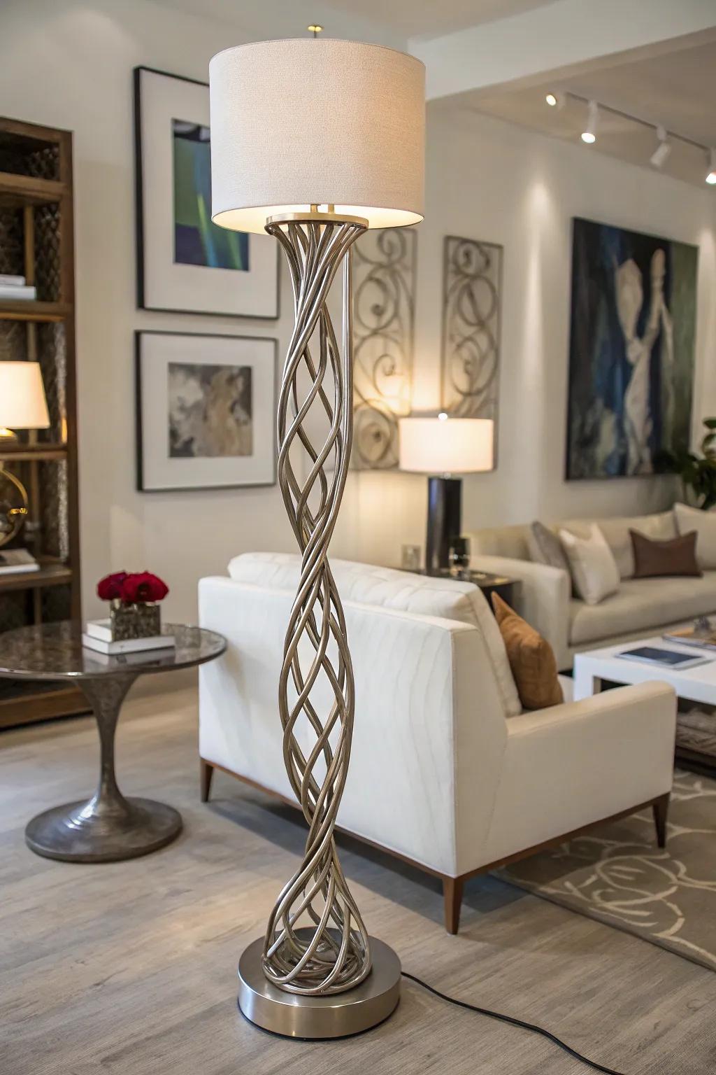 An artistic metal lamp acts as a focal point in an elegant living space.