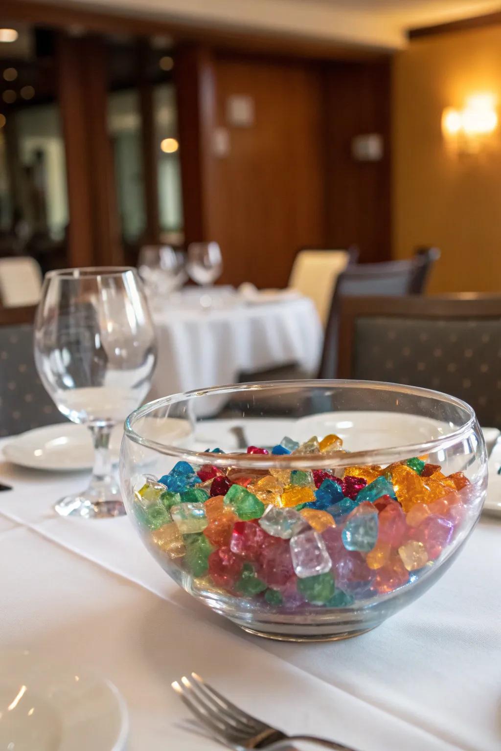 A glass bowl filled with bright crystals adds a touch of elegance to any table.