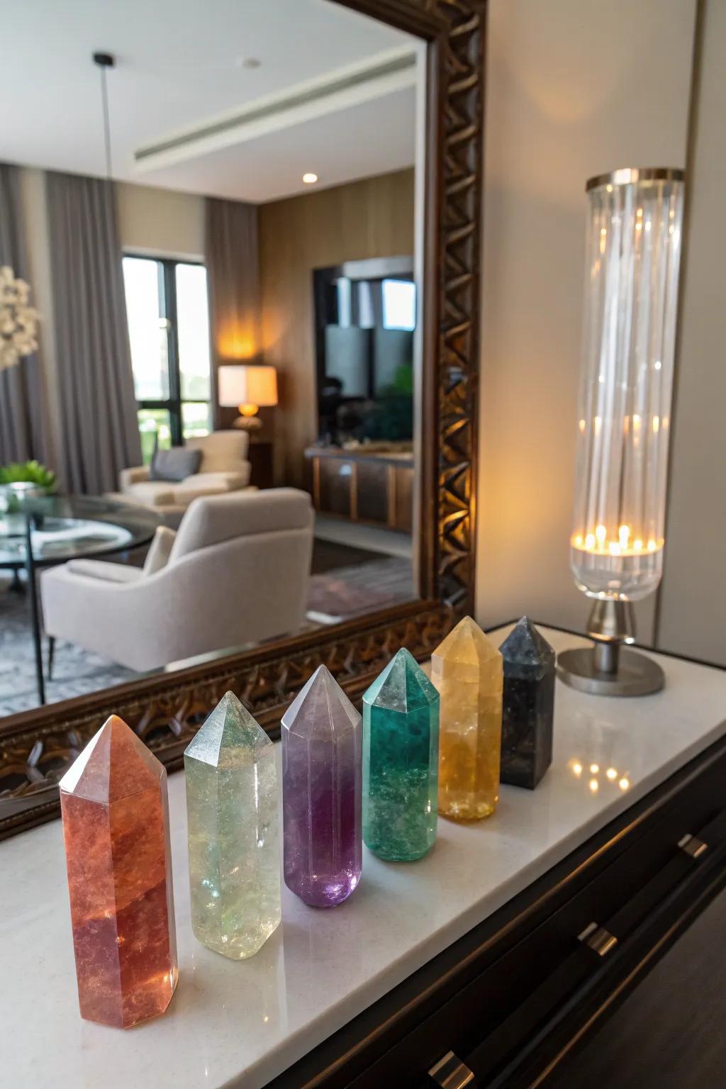 Observe as crystals engage in a mesmerizing dance of reflection within a mirror.
