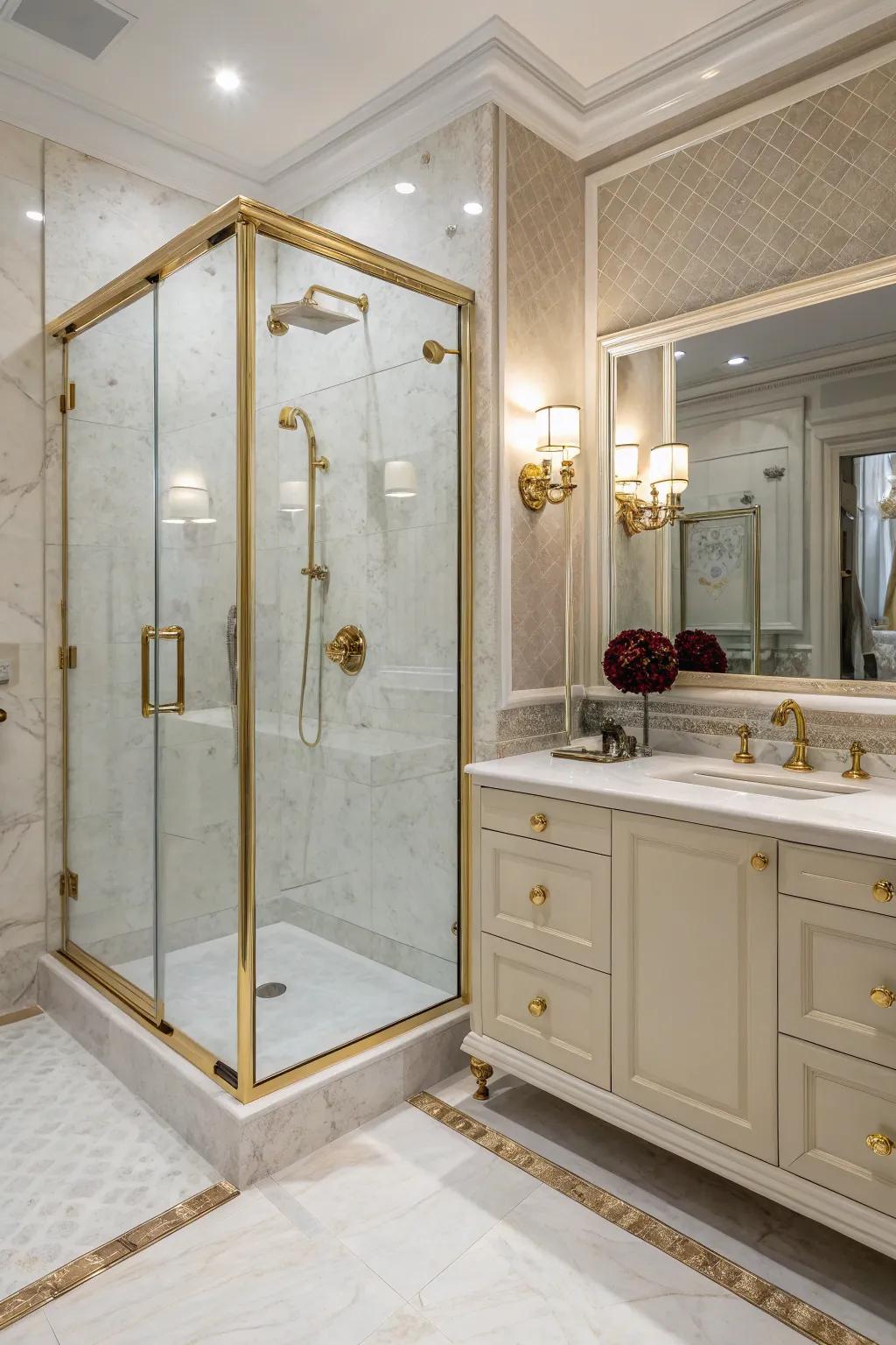 Sophisticated hardware contributes a hint of luxury to cultured marble showers.