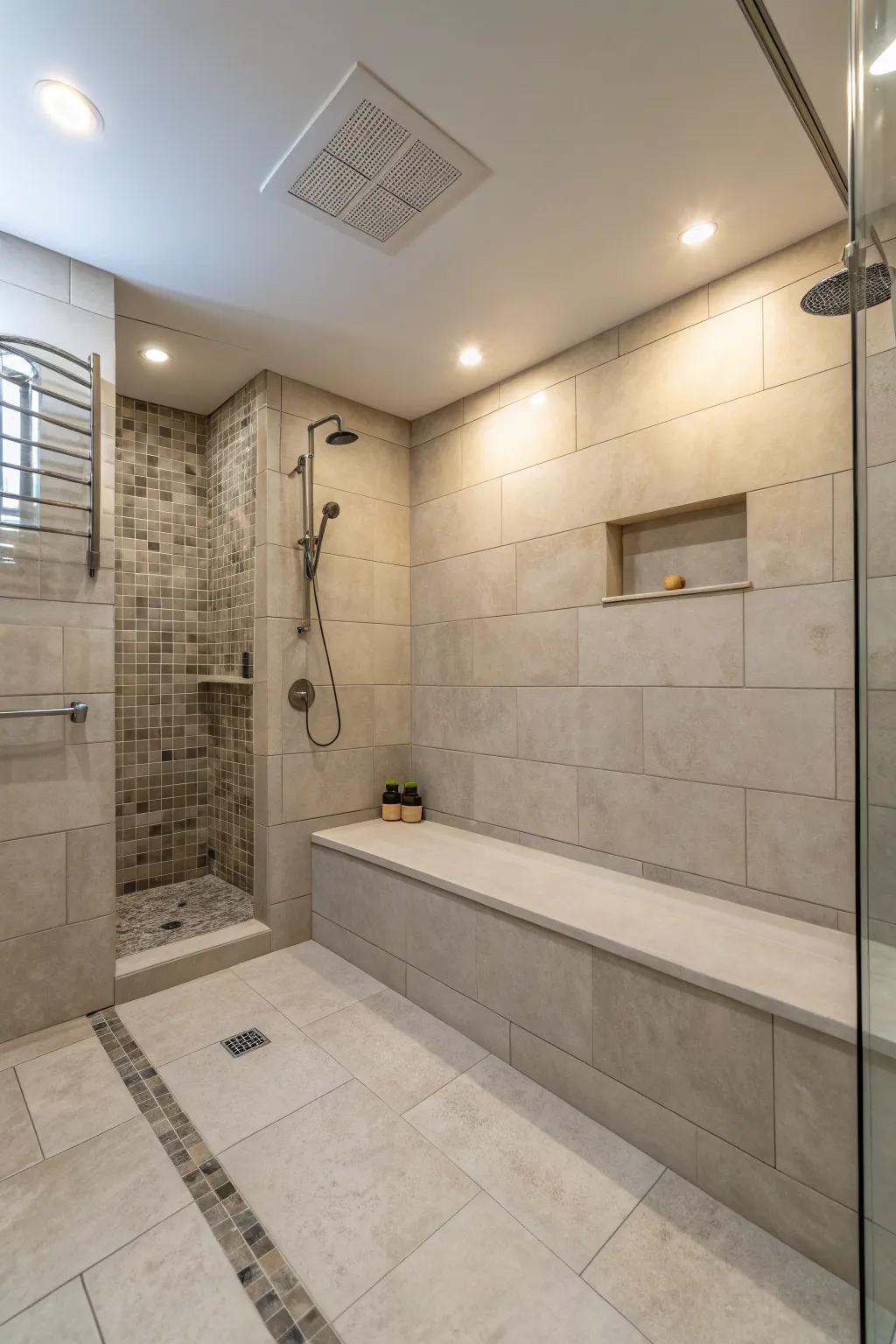 Neutral tones contribute to a serene and spacious ambiance in this curbless shower design.