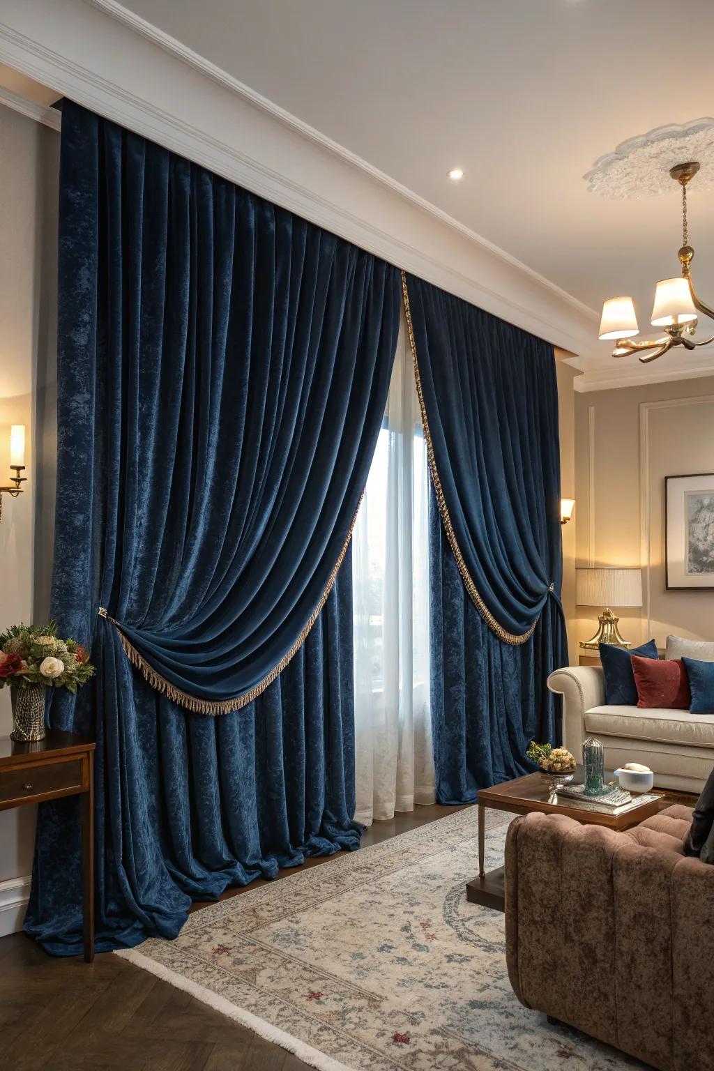 Plush silk-like window coverings add coziness and opulence.