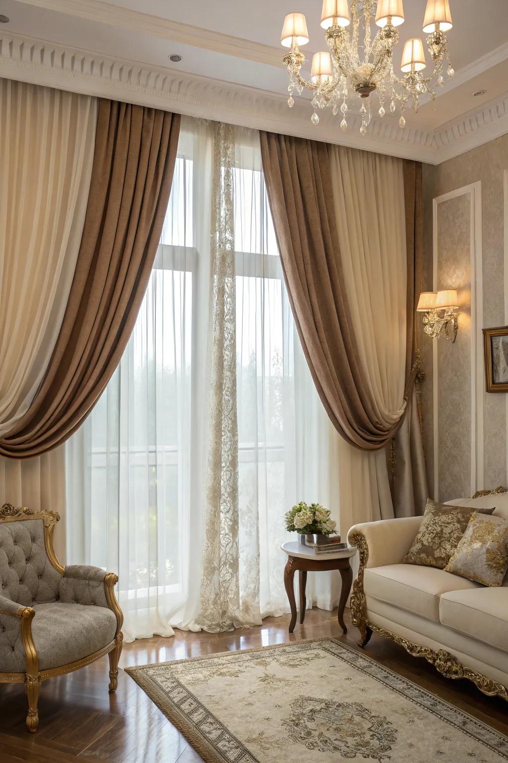 Layered drapes bring depth and finery to any area.