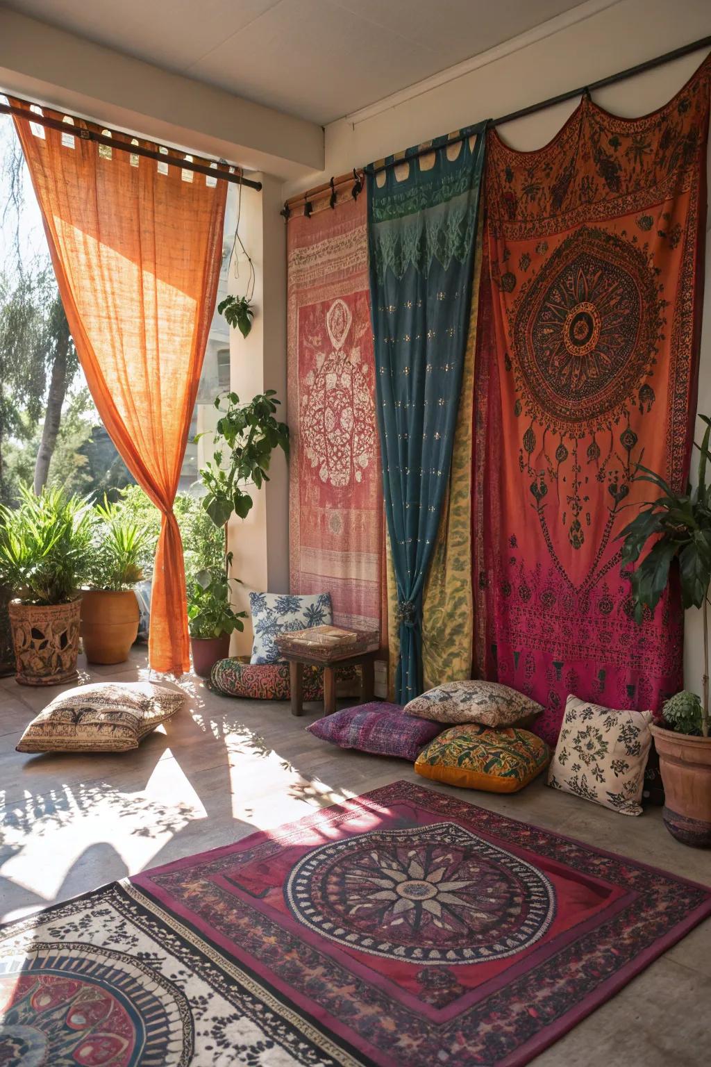 Vibrant tapestry curtains add bohemian flair.