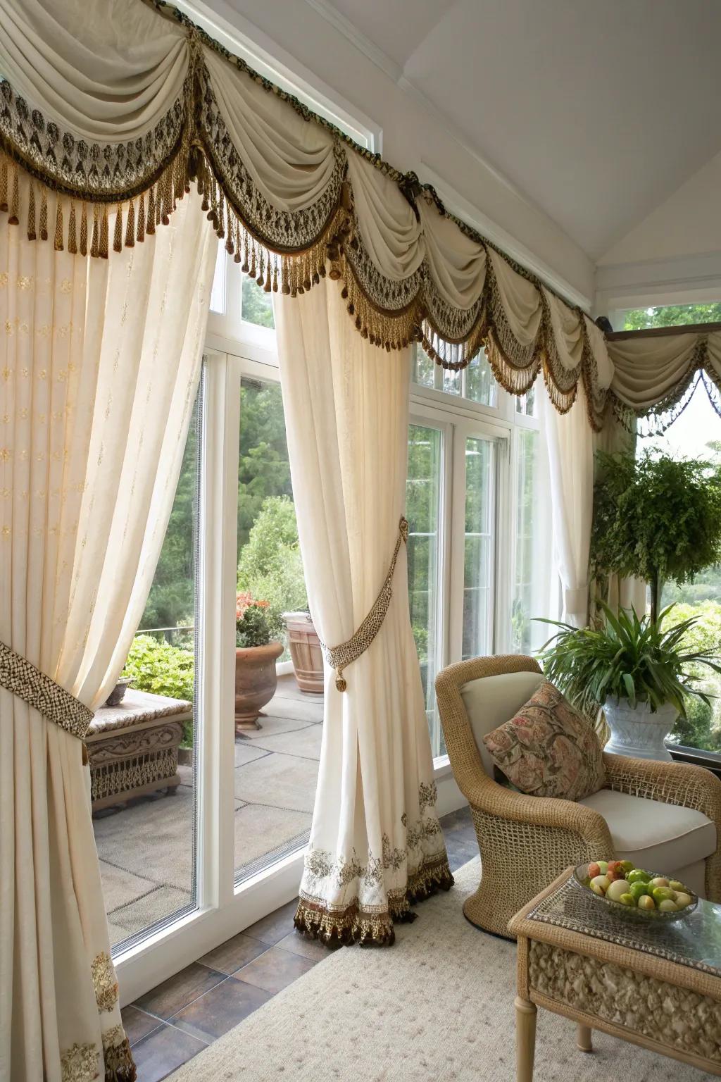Bohemian-style curtains featuring soft strand <strong>details</strong>.&rdquo; loading=&rdquo;lazy&rdquo; class=&rdquo;pimg&rdquo;>
	</picture><figcaption>Bohemian-style curtains featuring soft strand <strong>details</strong>.</figcaption></figure>
<p>Strands can infuse a bohemian vibe into your curtains, adding dynamic texture. I layered strands on my sunroom curtains, instantly warming the space.</p>
<h3>These products might help:</h3>
<ul class=