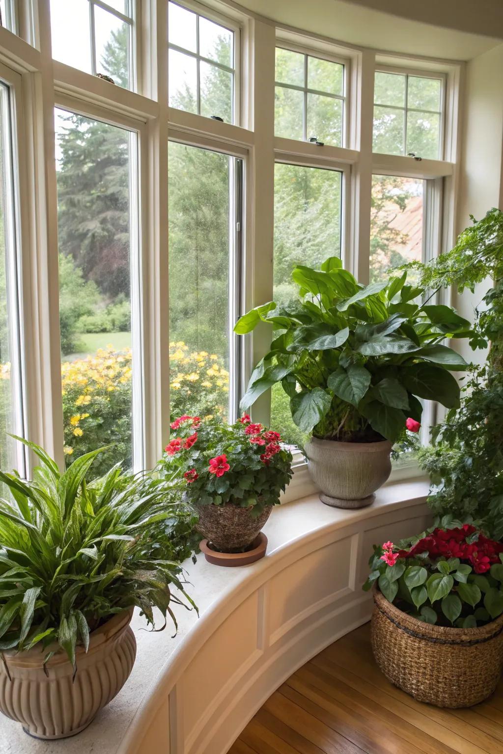 A vivid display of indoor plants in a curved bay window.