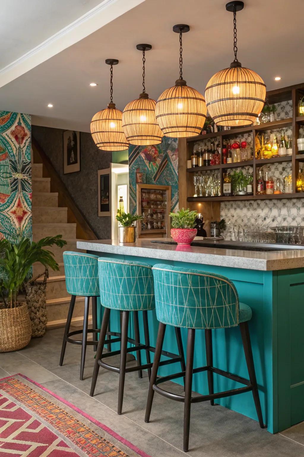 An eclectic dwelling bar with striking hue highlights and singular illumination.
