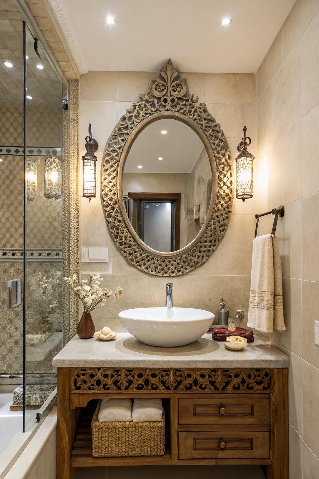 An eclectic mirror adds character and charm to any restroom.