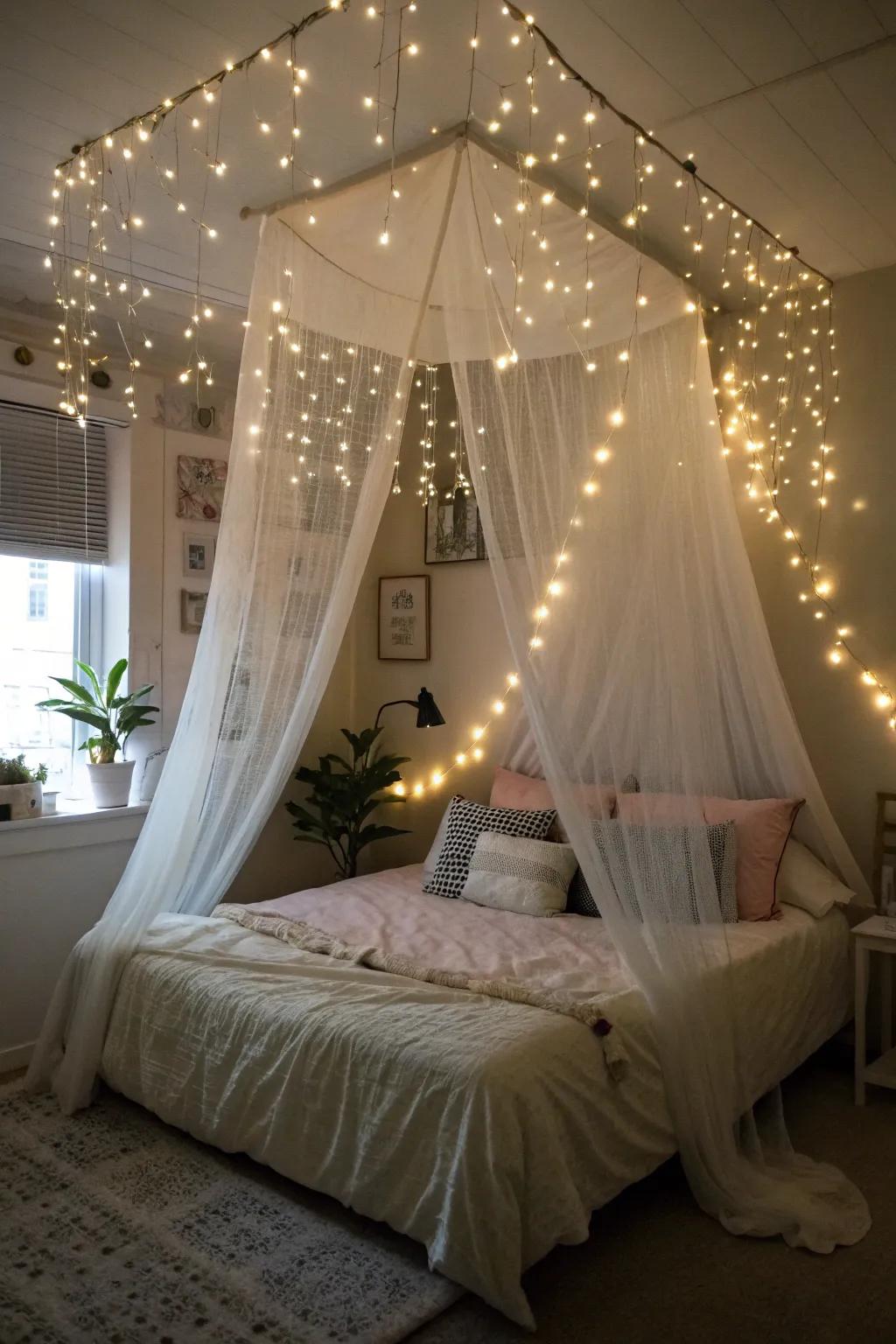 Enchanting twinkle lights contribute a magical element to the area.