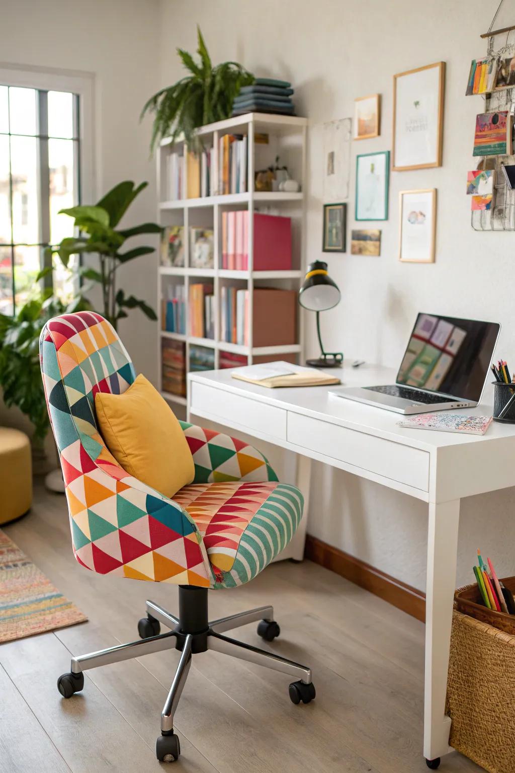 A vibrant home office featuring a colorful chair and striking feature wall.