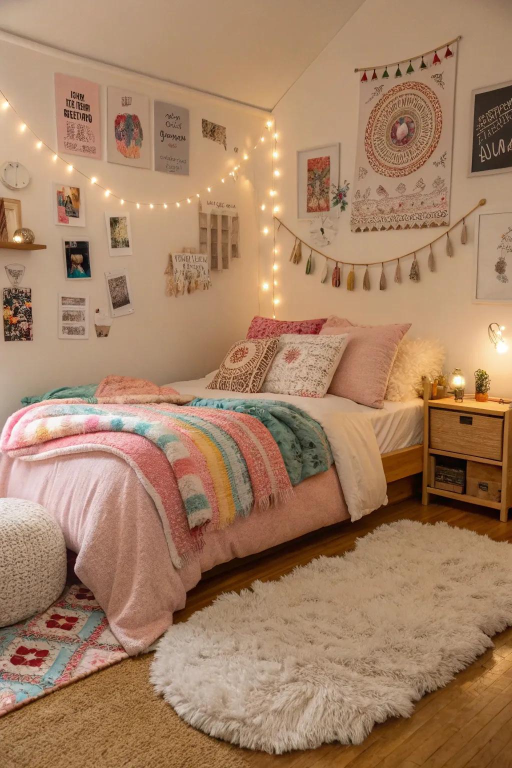 A cozy teen room featuring soft materials for comfort.