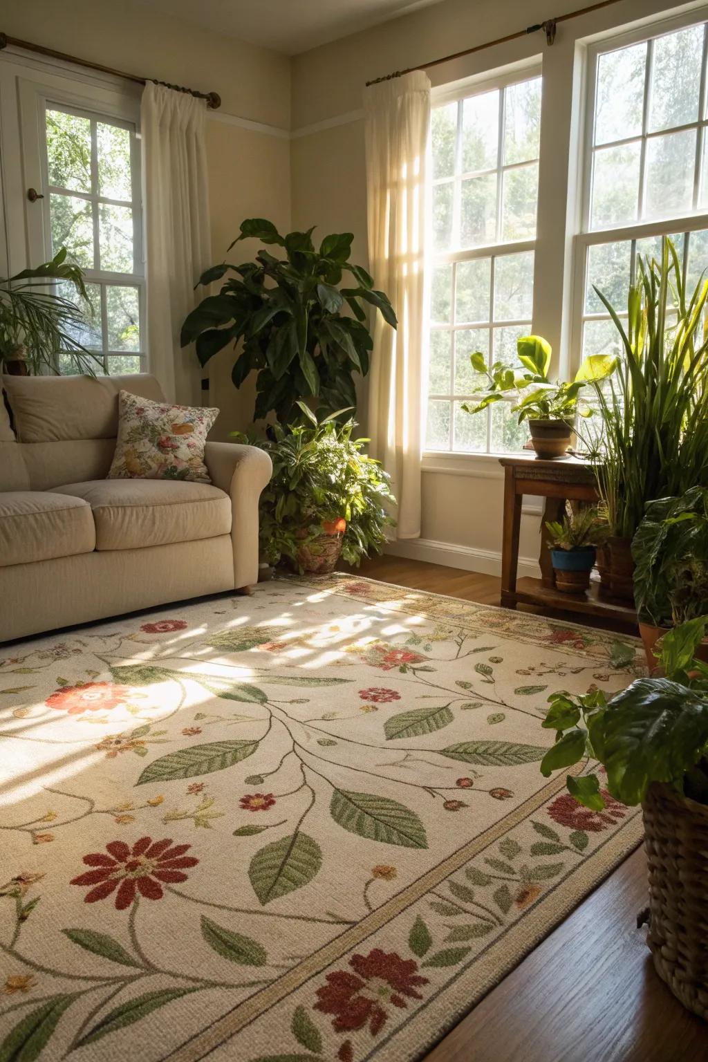 Brighten up your area with floral patterned rugs.