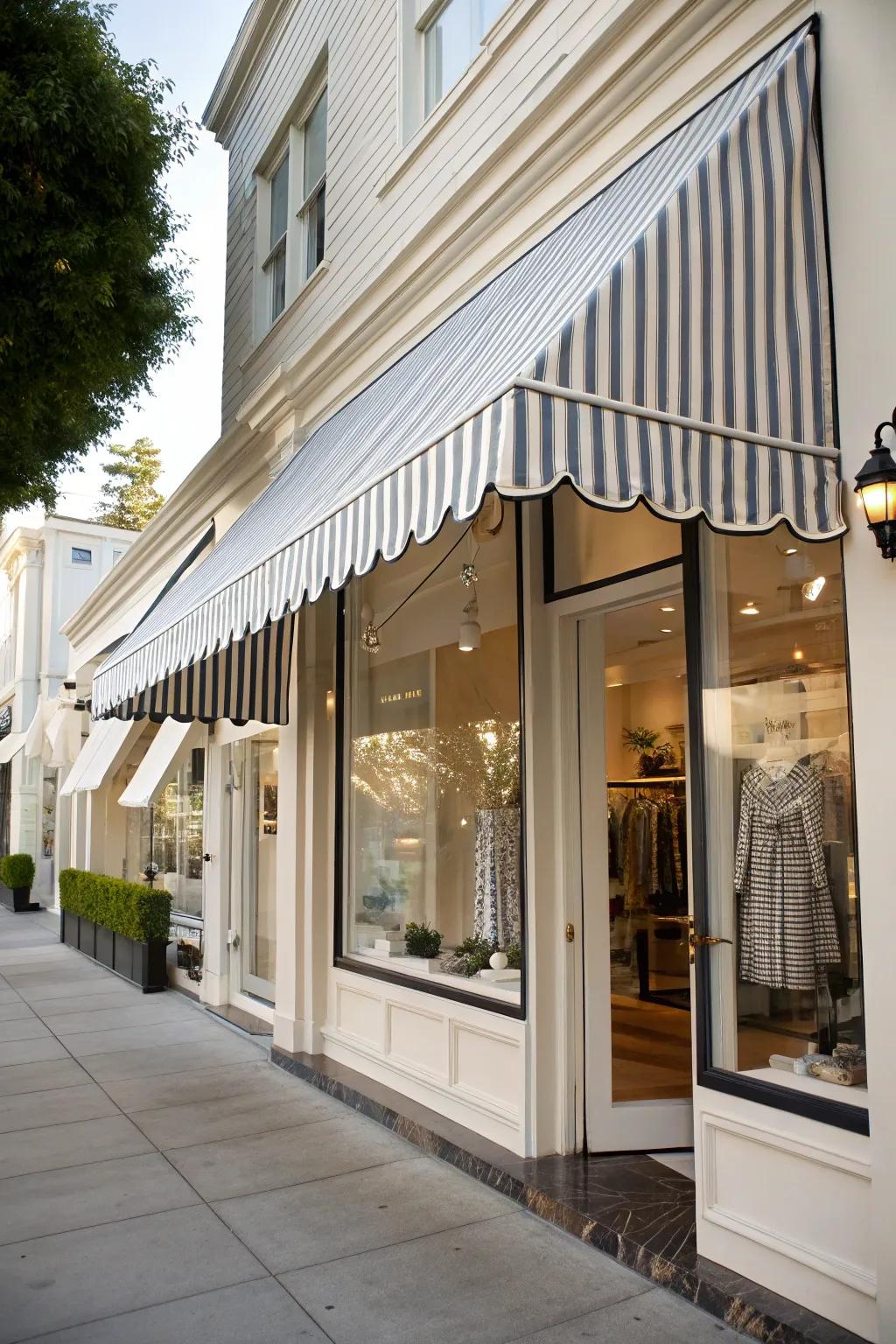 A storefront showcasing an elegant striped canopy that marries sophistication with functionality.