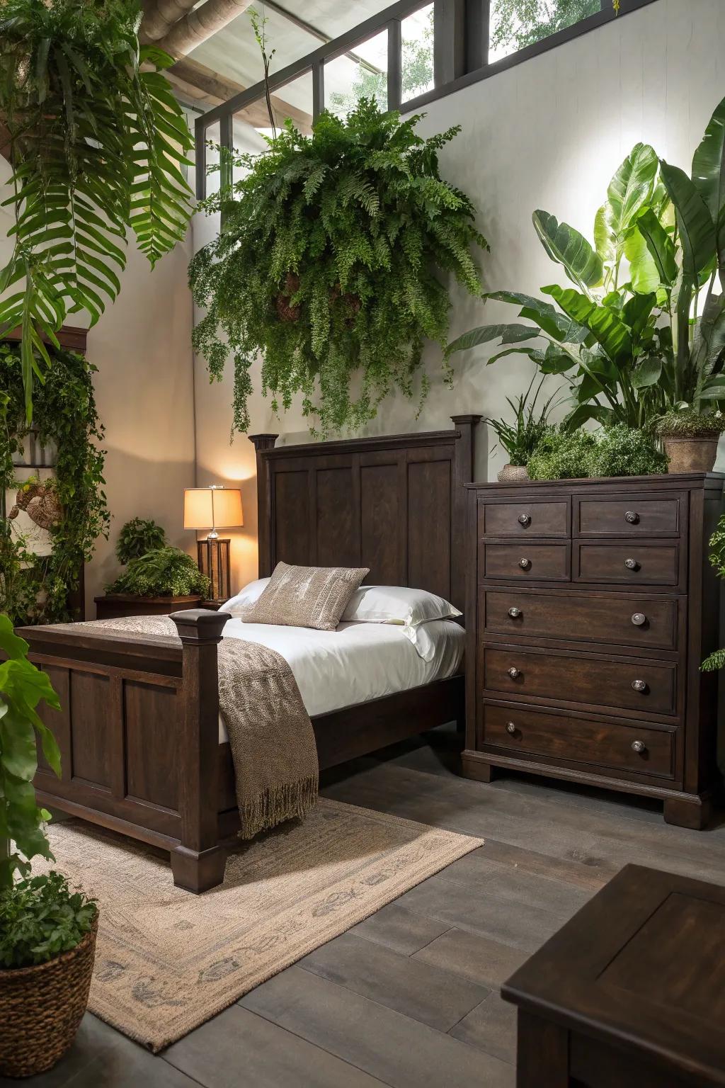 Greenery balances and enlivens a brown-themed personal area.