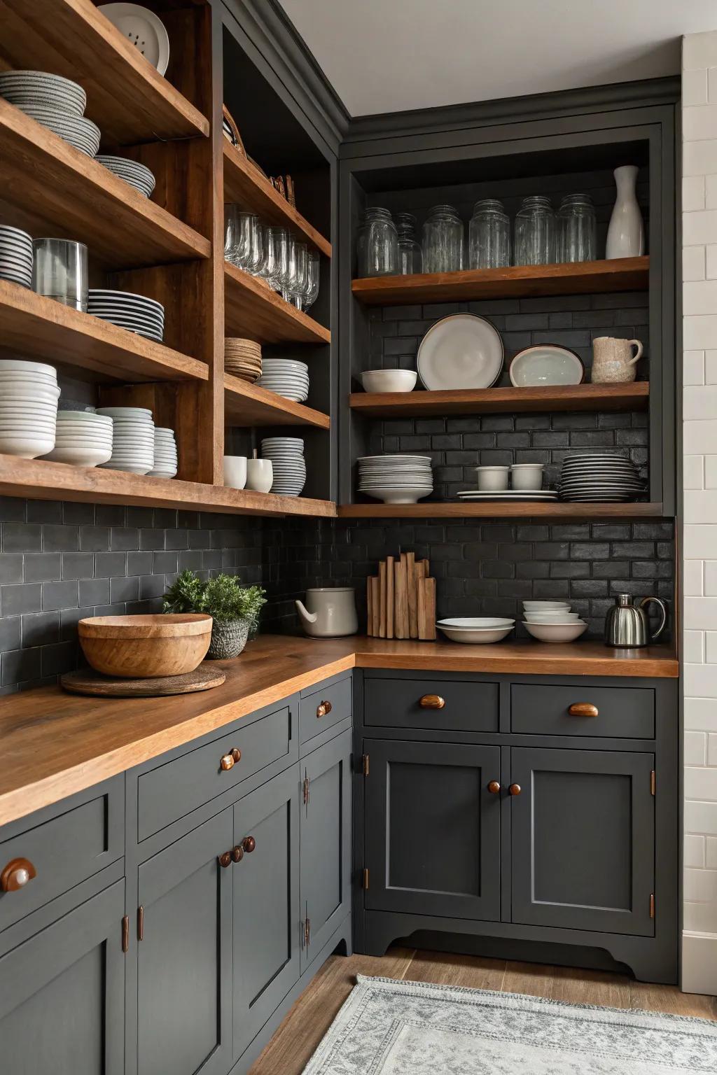 Deep charcoal cabinets enhanced by viewable racks displaying elegant dishware.