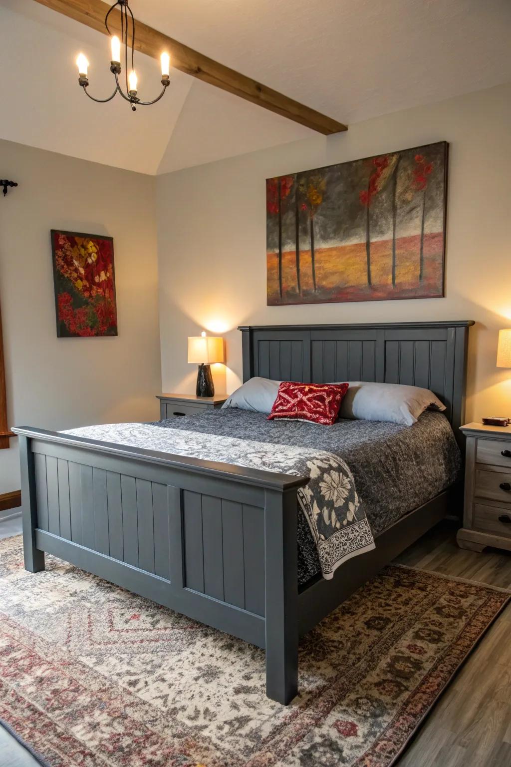 A bedroom showcased by a dark grey bed frame, enhanced by striking artwork.