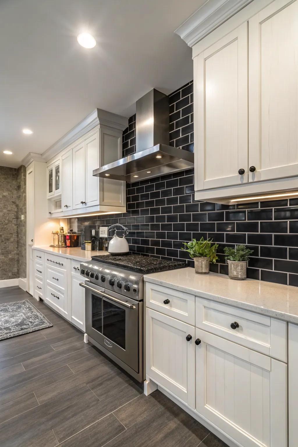 An eye-catching contrast of a dark backsplash paired with pristine white cabinetry.