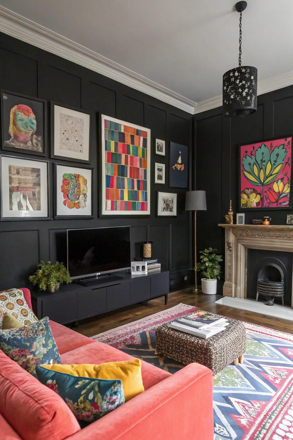 An arresting living area featuring ebony walls and showcasing vibrant, colorful artwork.