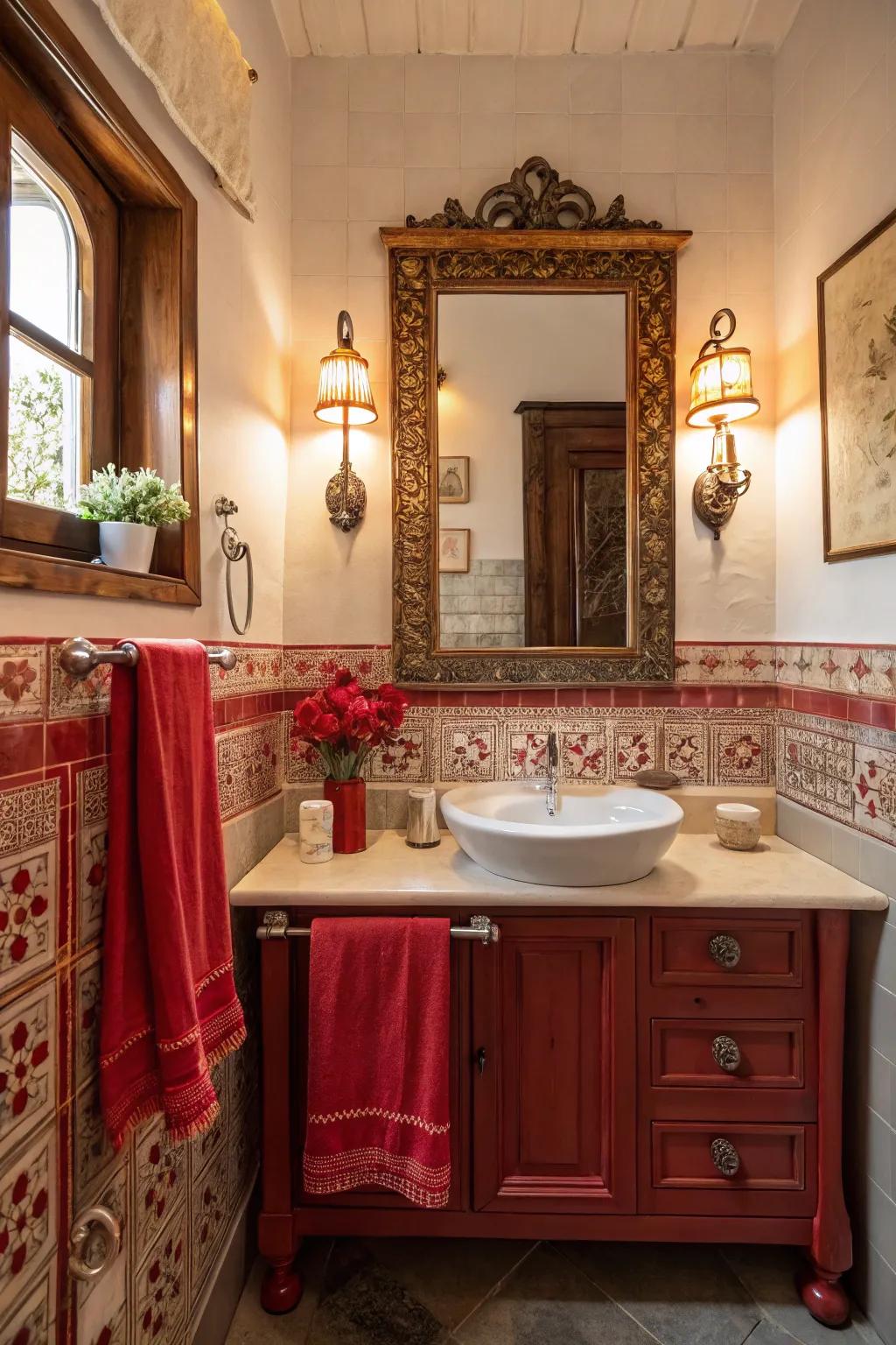 Time-Honored crimson highlights impart charm and sentimentality within the bathroom.