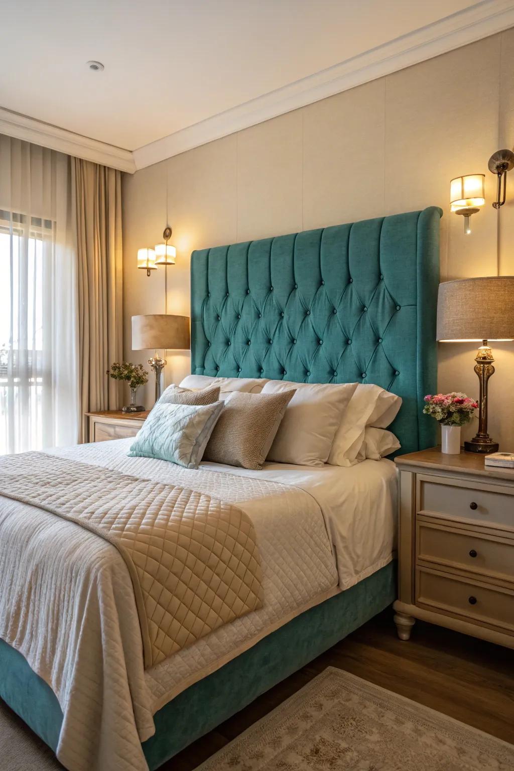 A teal upholstered headboard stands out as a centerpiece.