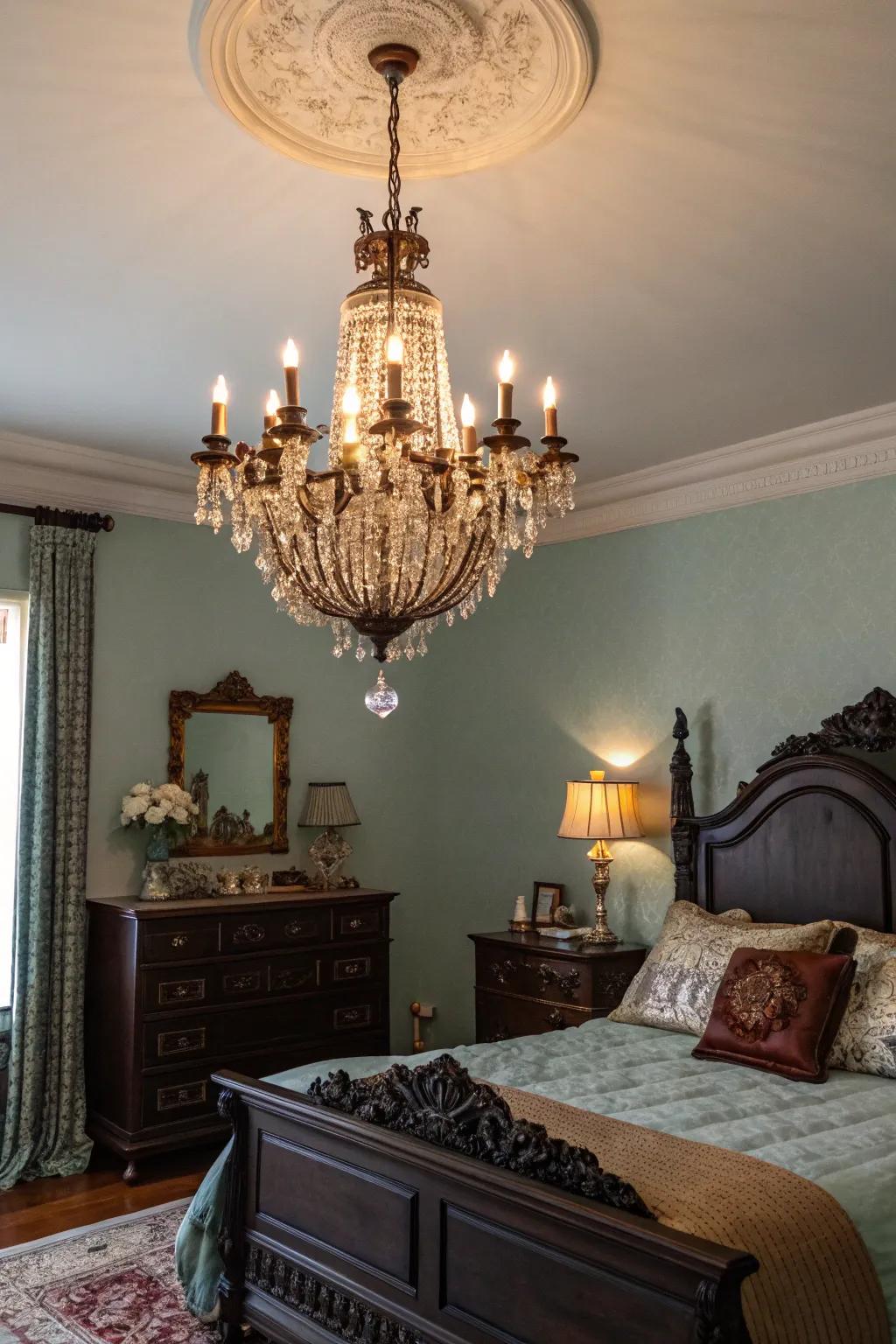 A classic inspired chandelier works as an elegant focal point in a shadowy, vintage bedroom.