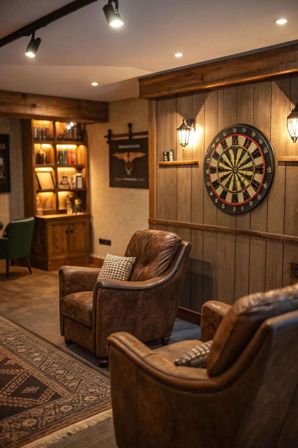 A man cave retreat featuring a dart board for leisure.
