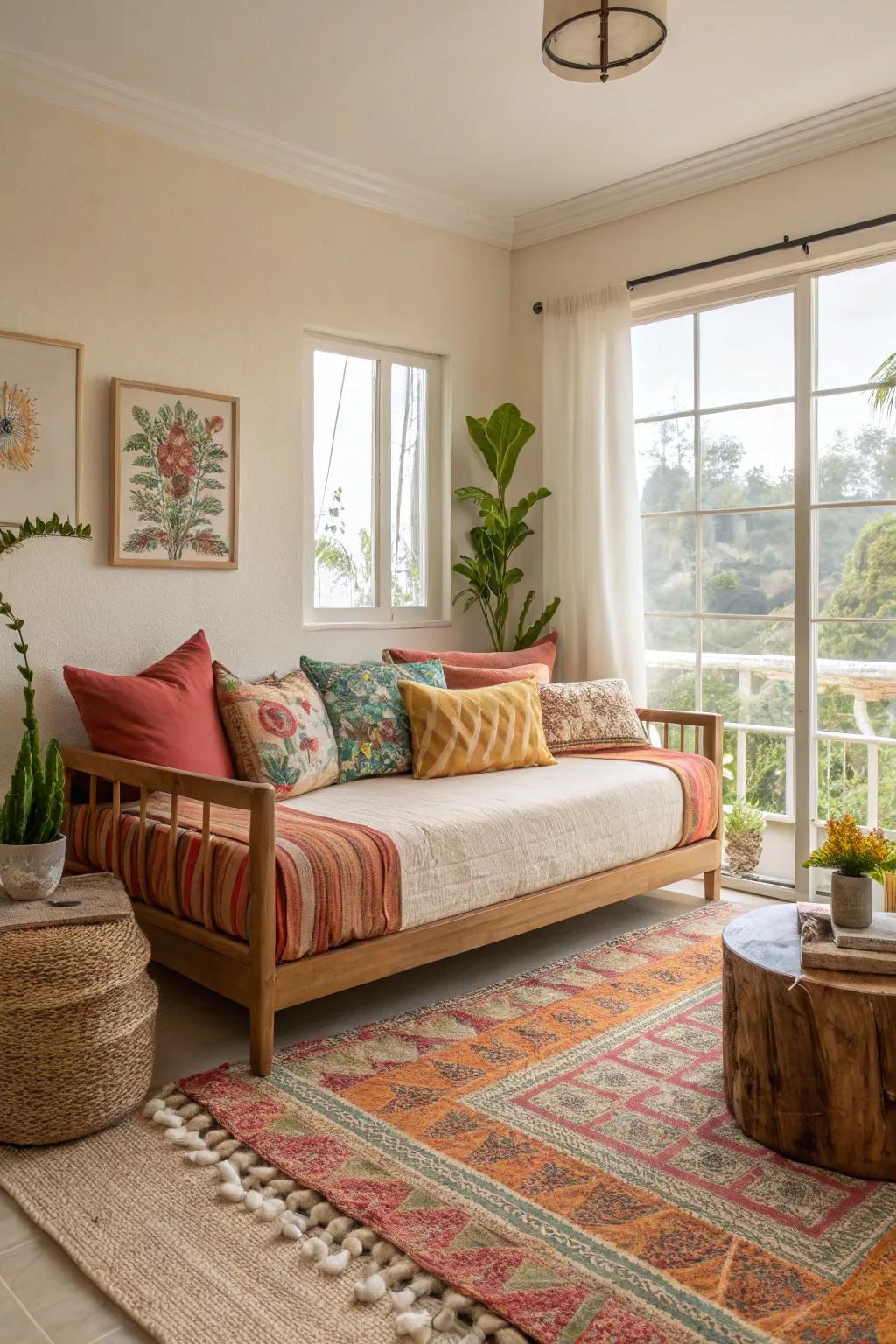 A colorful daybed energizes a neutral living room.