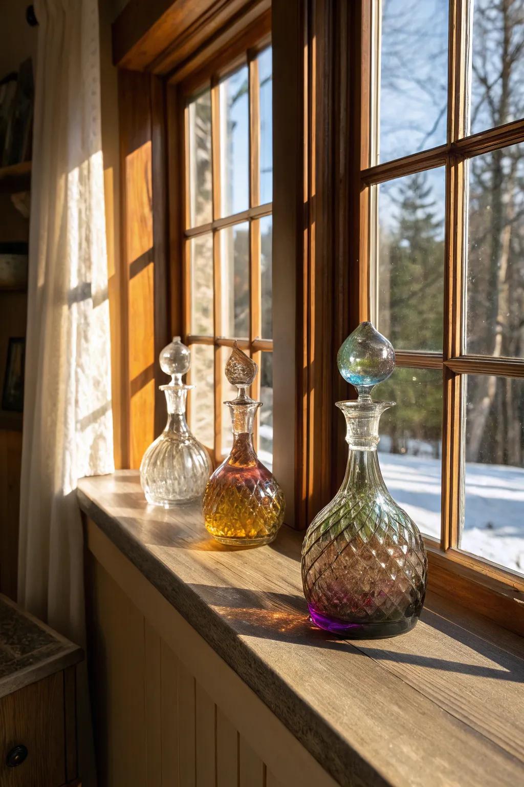 Carafes illuminated by the sun on a windowsill.