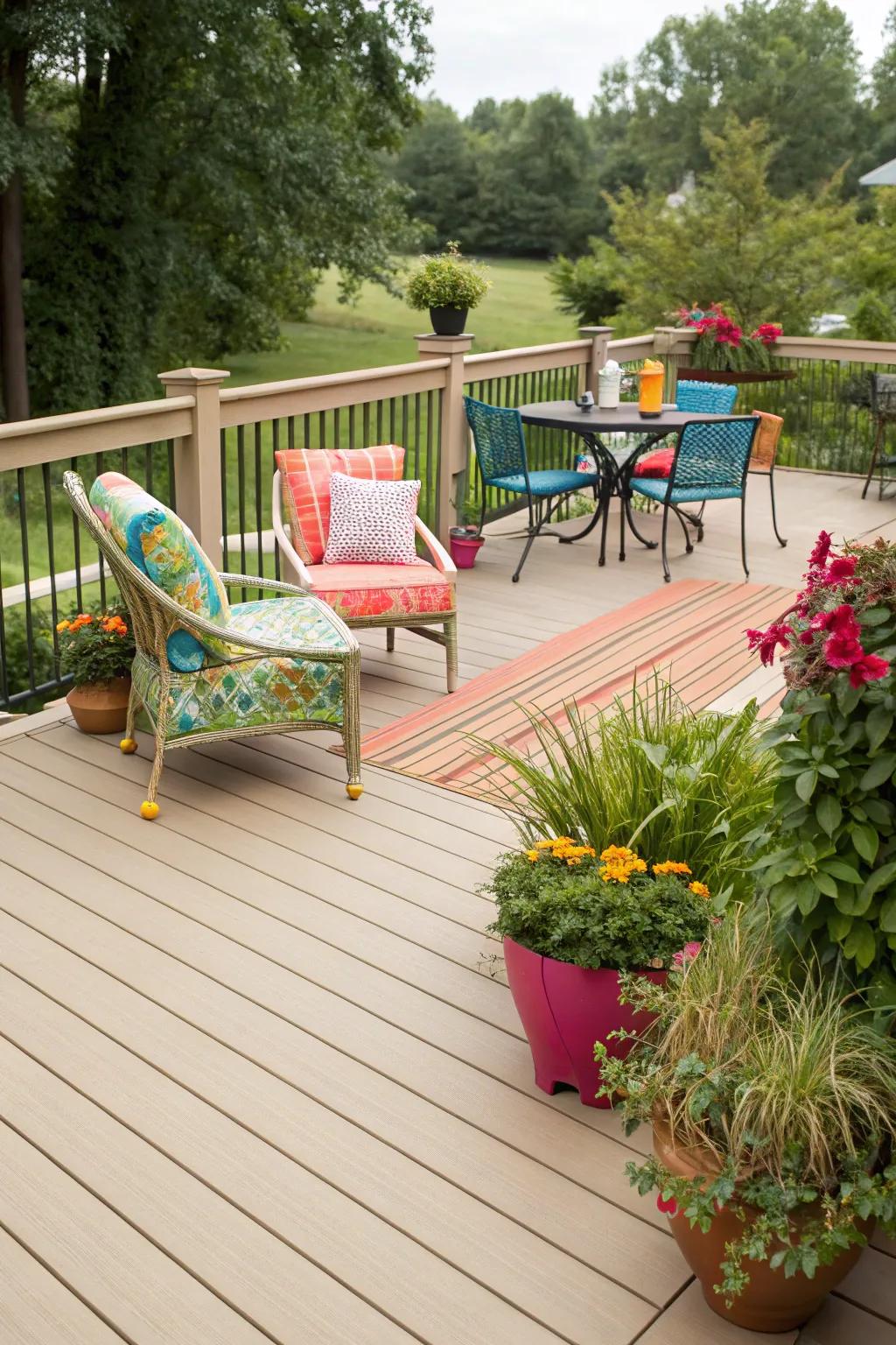Sandstone decks provide a flawless neutral foundation.