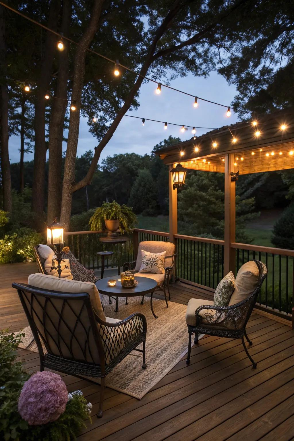 Modern lighting transforms your deck into a magical nighttime retreat.