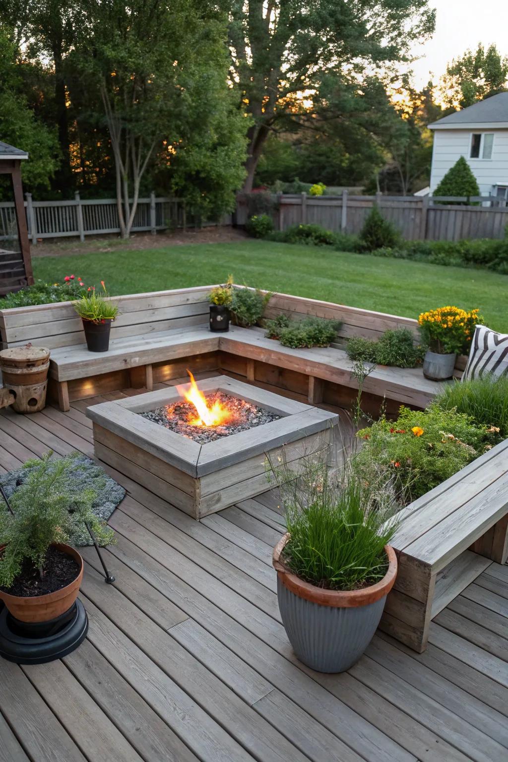 Built-in benches provide stylish and space-saving seating options.