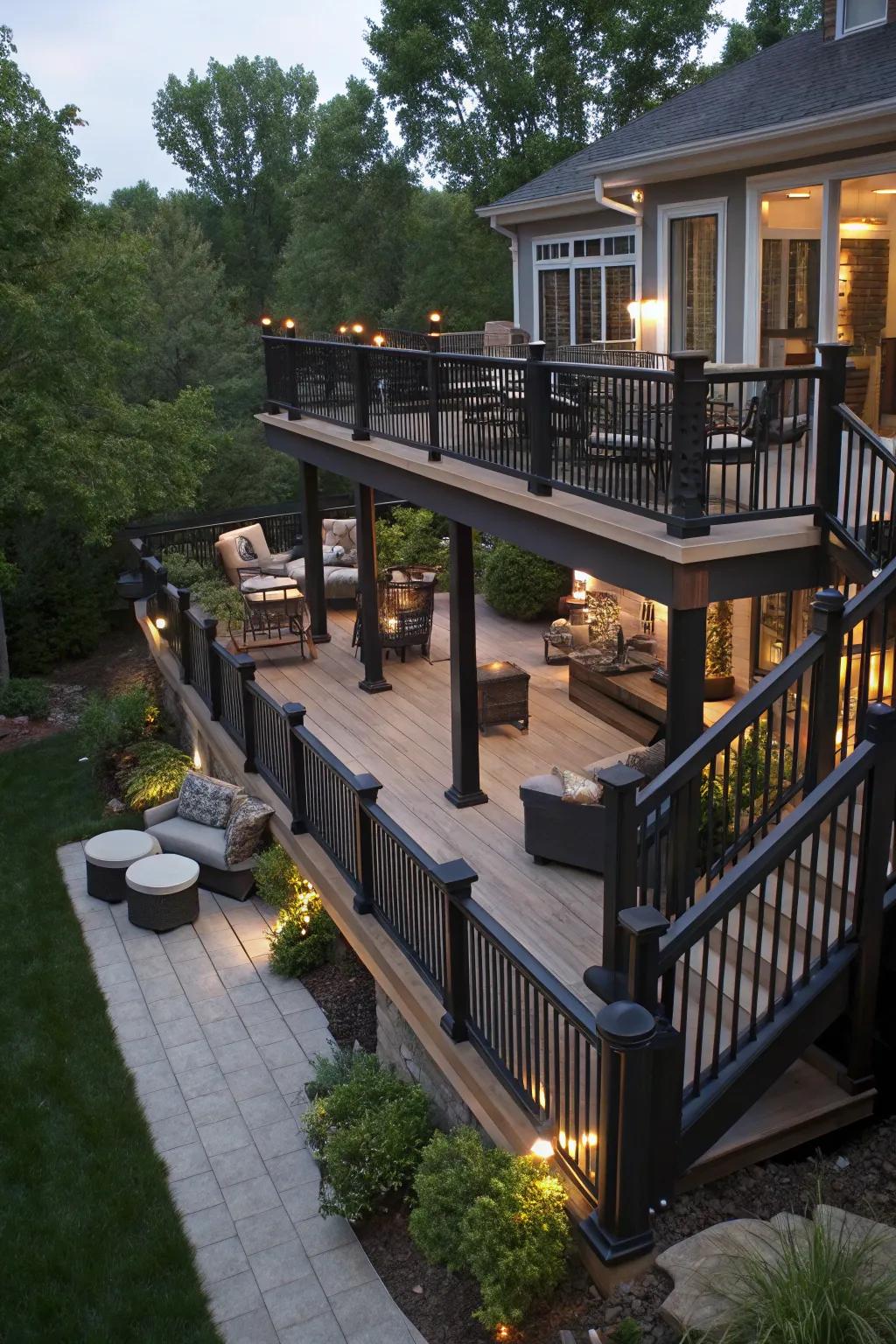 A multi-level deck design with black railings adds interest and functionality.