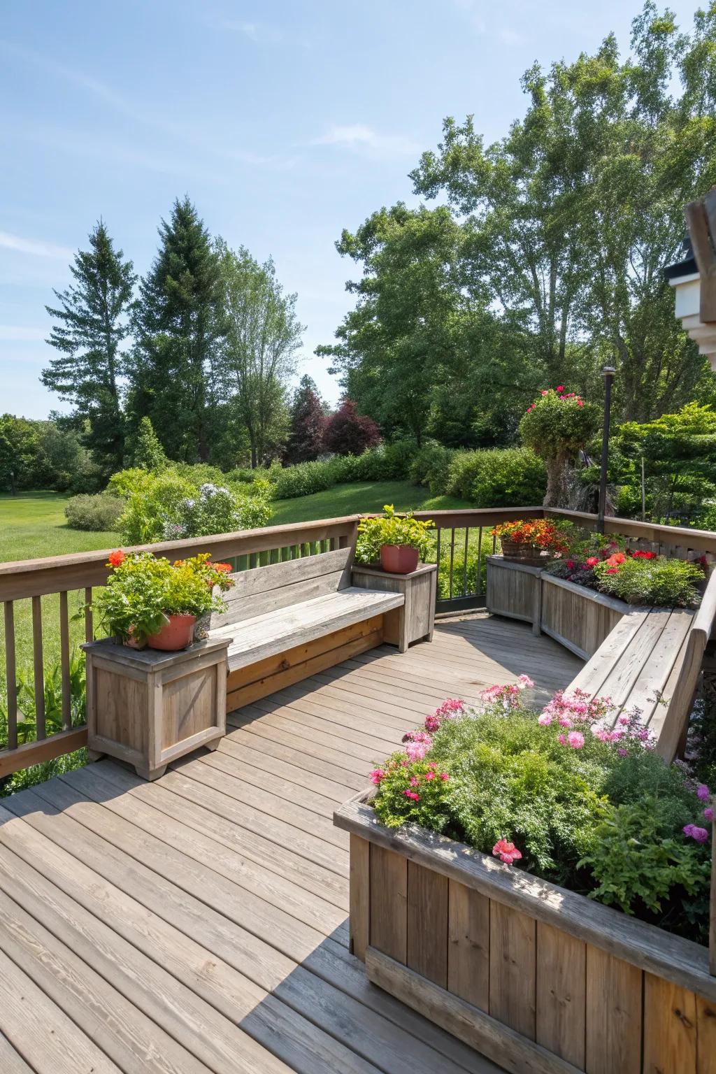 An inviting wraparound bench featuring greenery.