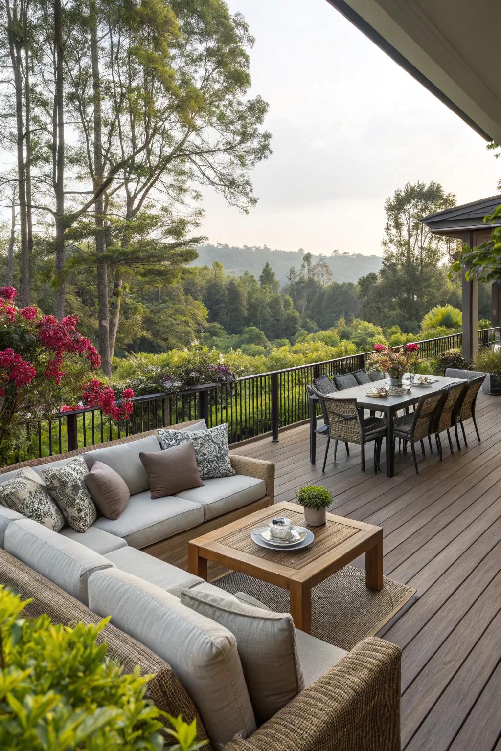 Plush furniture transforms a deck into an inviting retreat.