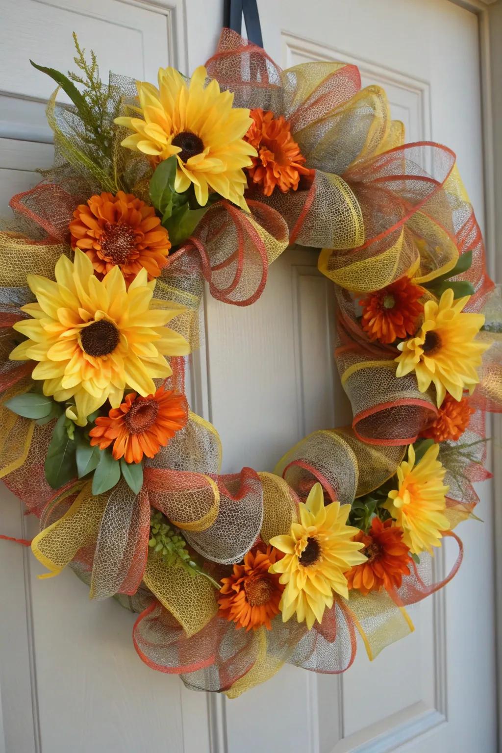 Radiant silken flowers accentuate the beauty of this netting wreath.
