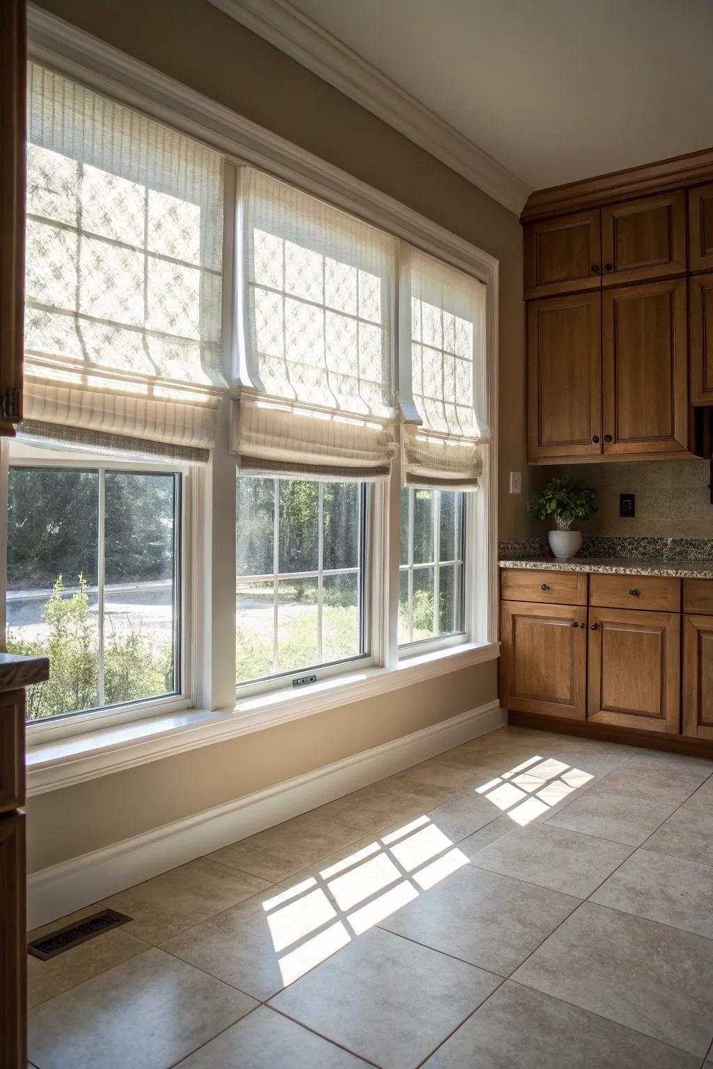 Elegant roll-up shades bring a sense of sophistication to the kitchen.