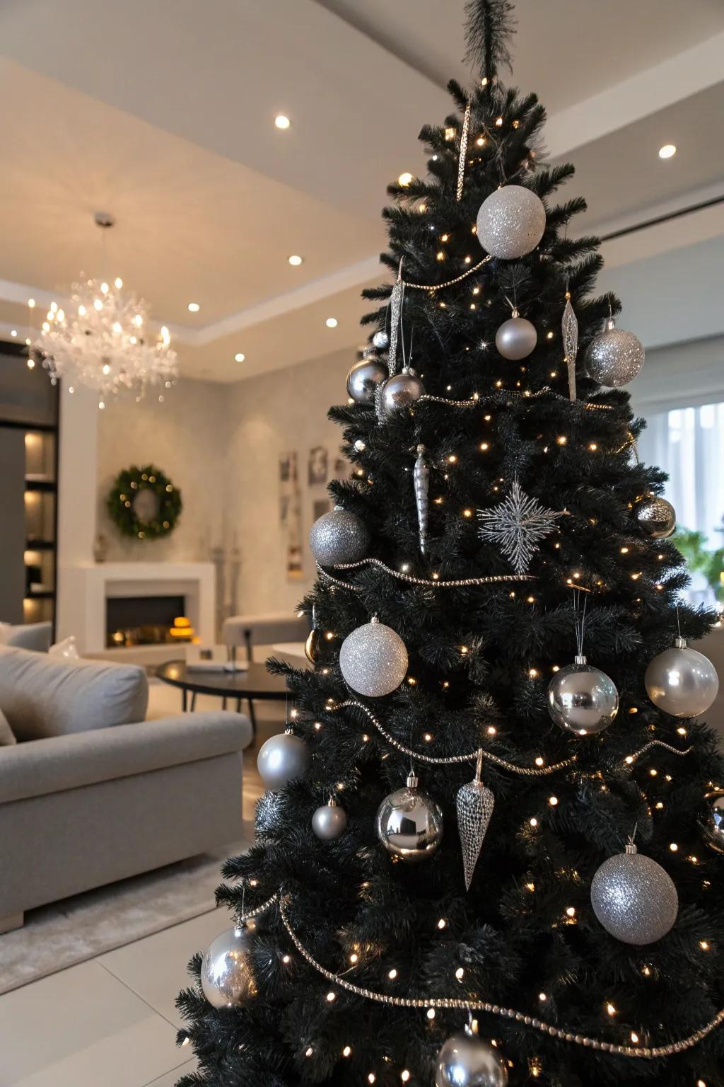 A dark fir with shimmering silver decorations.