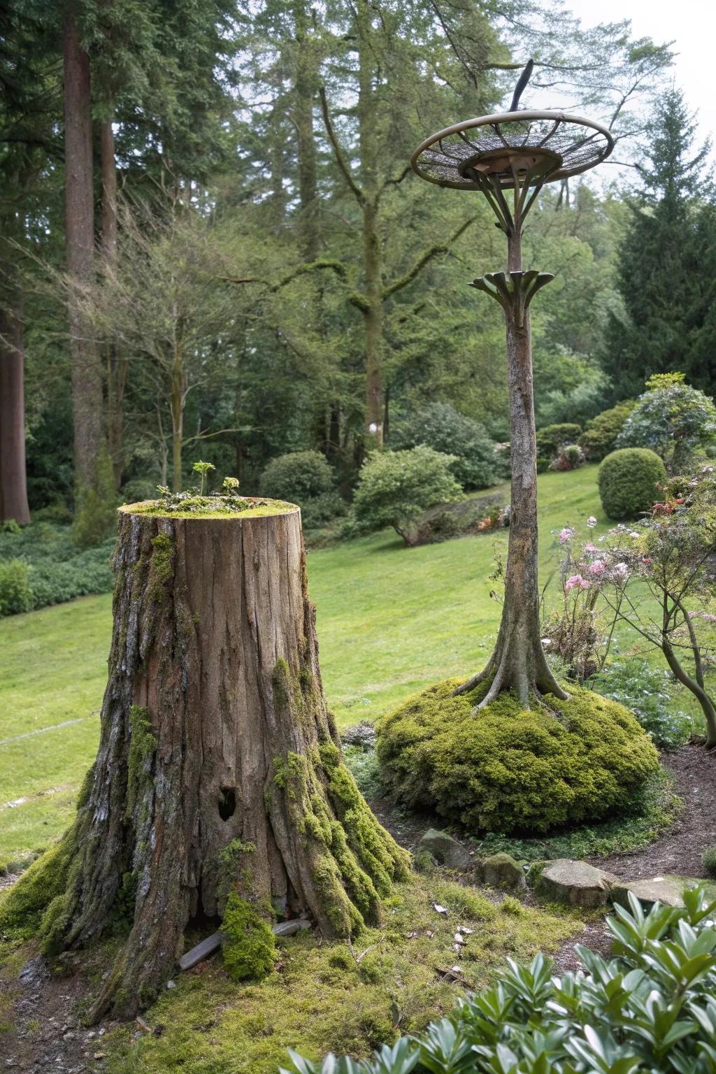 Repurpose your stump as an artistic stage for garden sculptures.