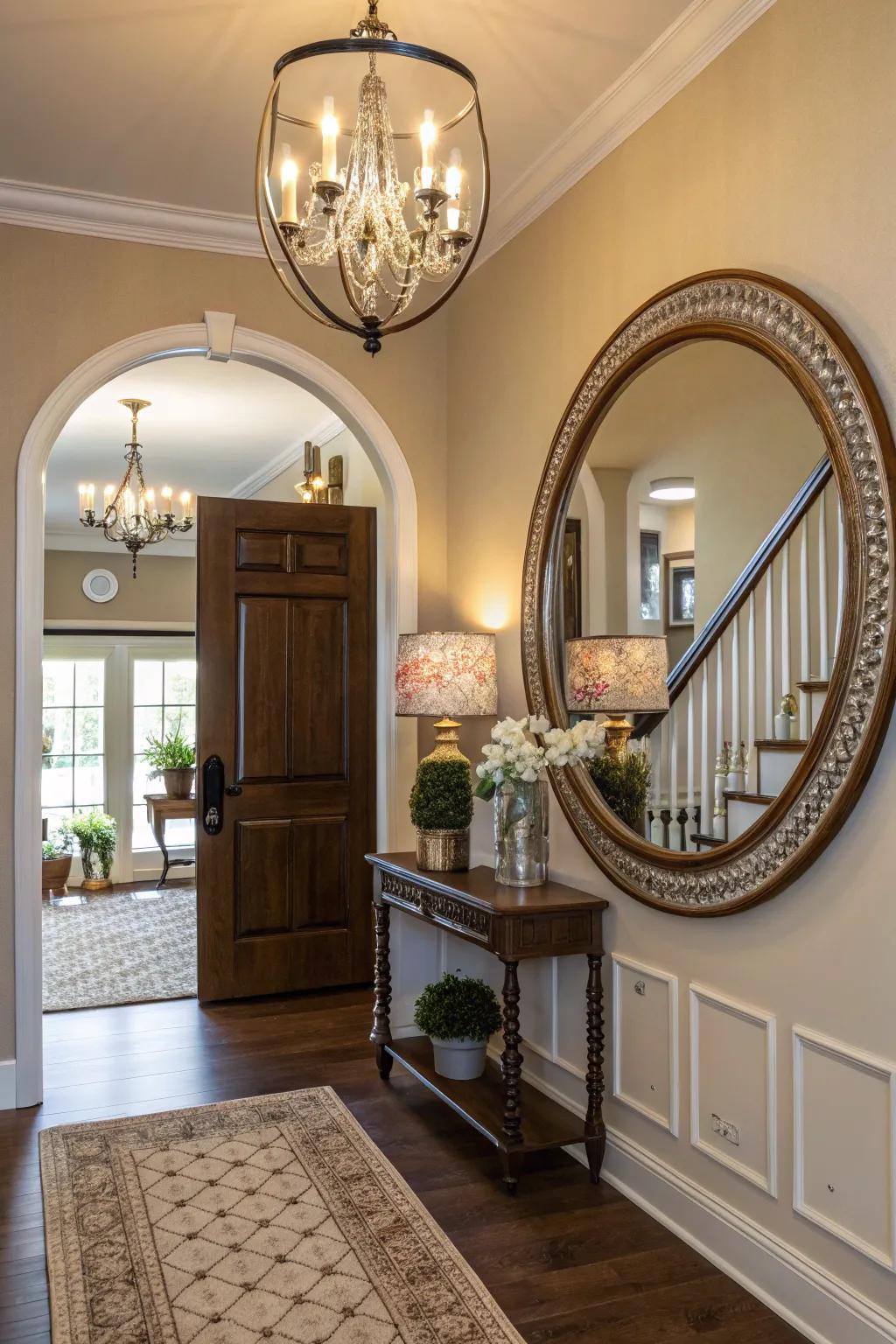 A mirror in the entryway sets a bright and inviting tone.