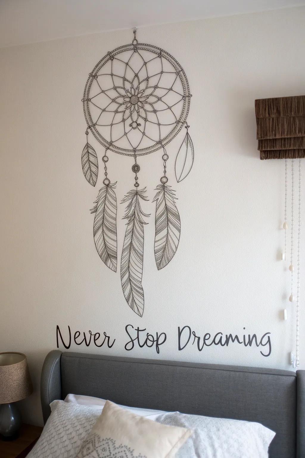 Imagine a bedroom showcasing a dreamcatcher drawing alongside a heartwarming quote, creating a dreamy nook.