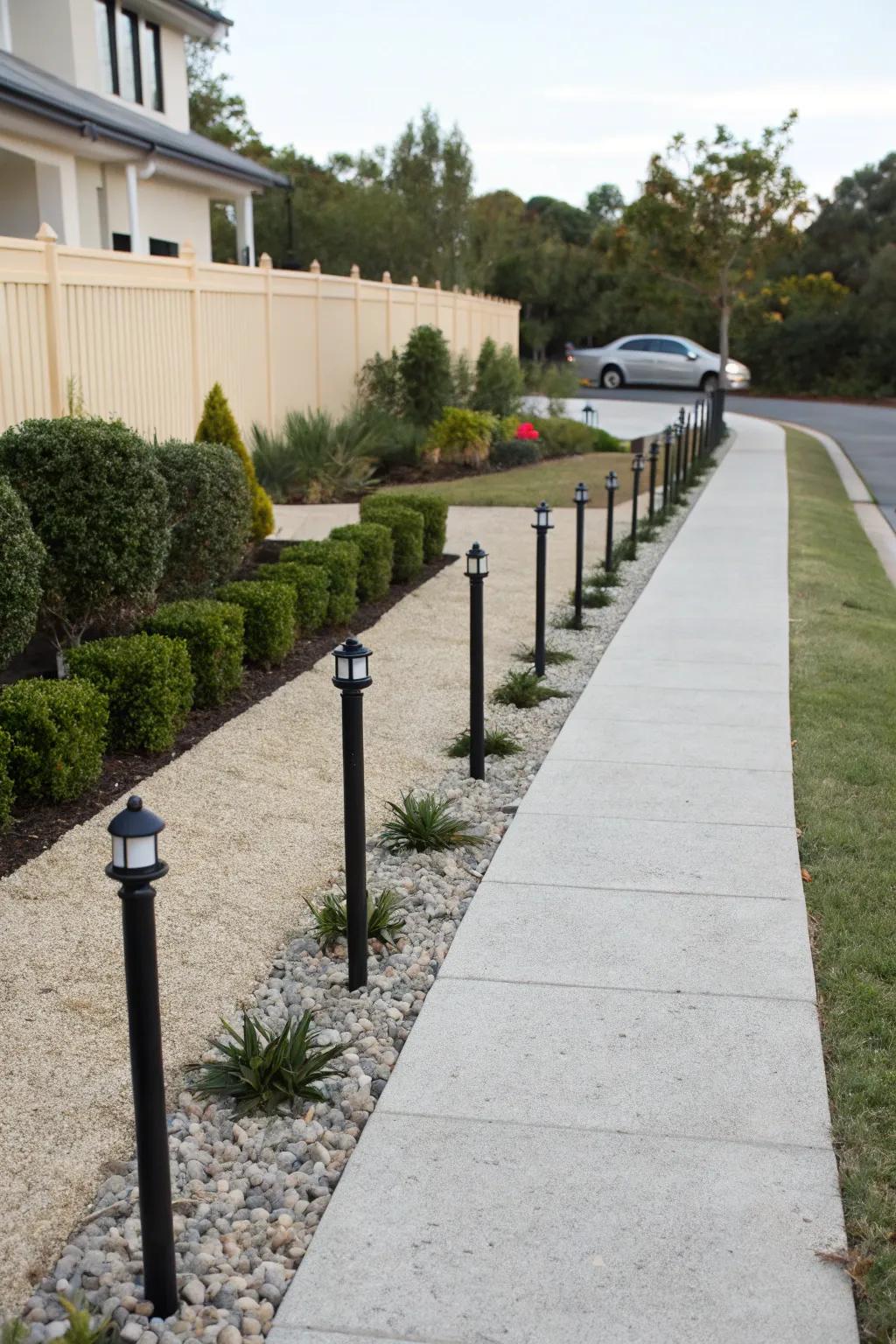 Minimalist dark posts provide a streamlined, contemporary aesthetic.