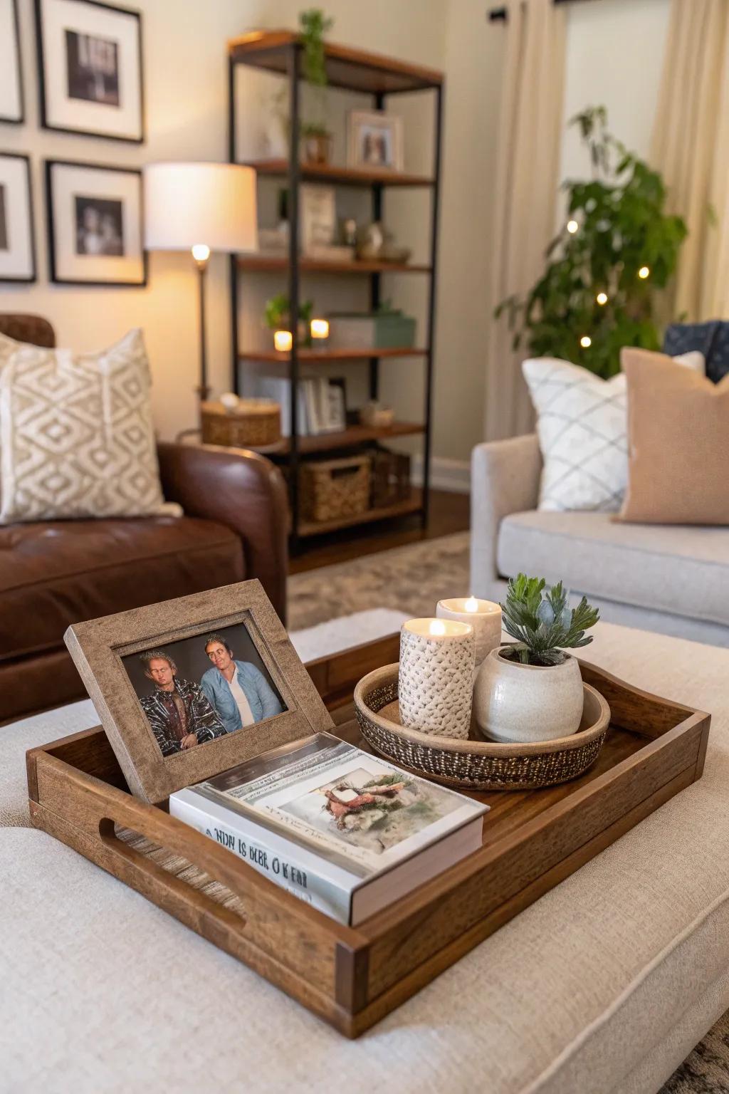 Personal touches with a framed photograph on a decor platter.