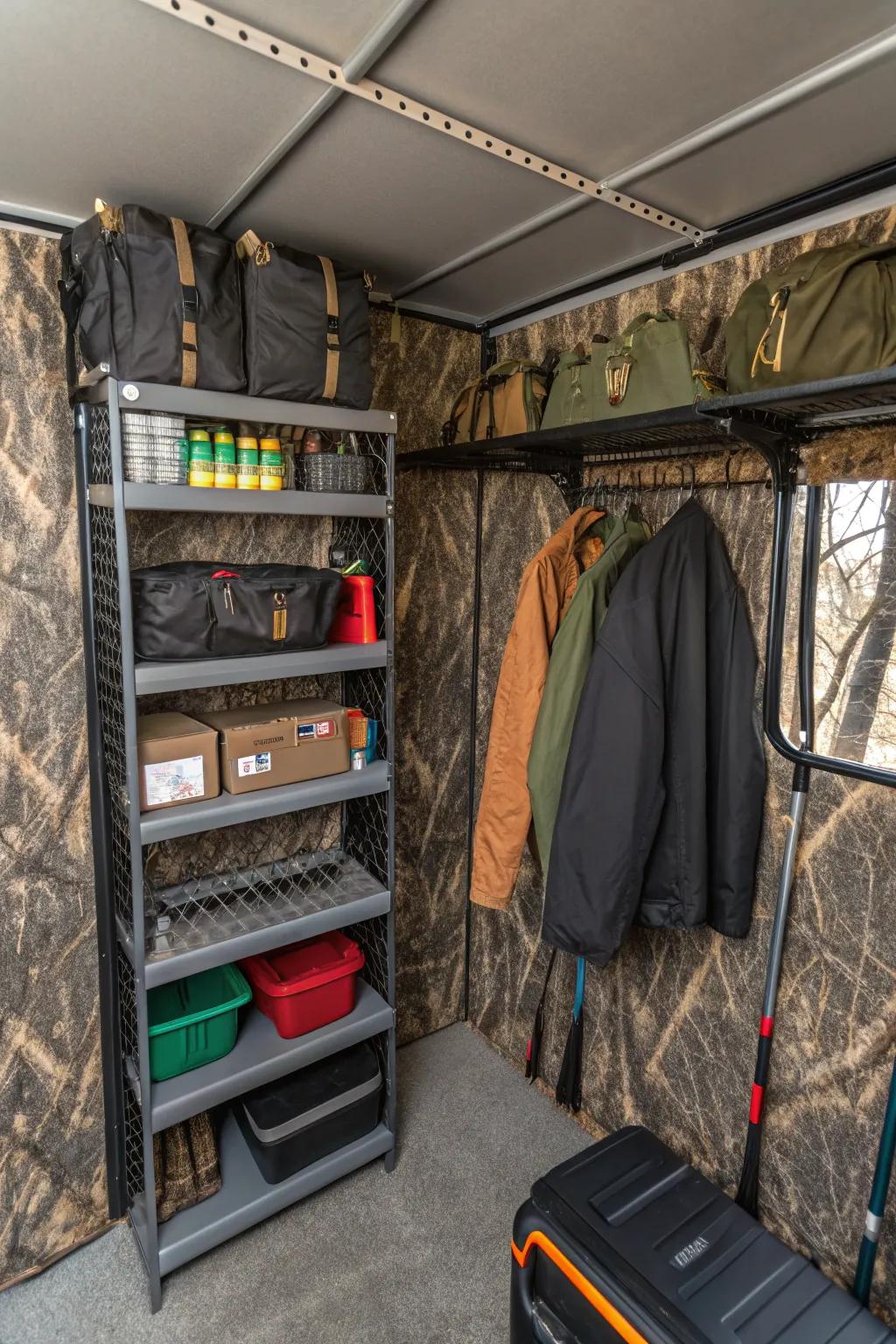 Upright storage maintains your gear arranged and accessible.