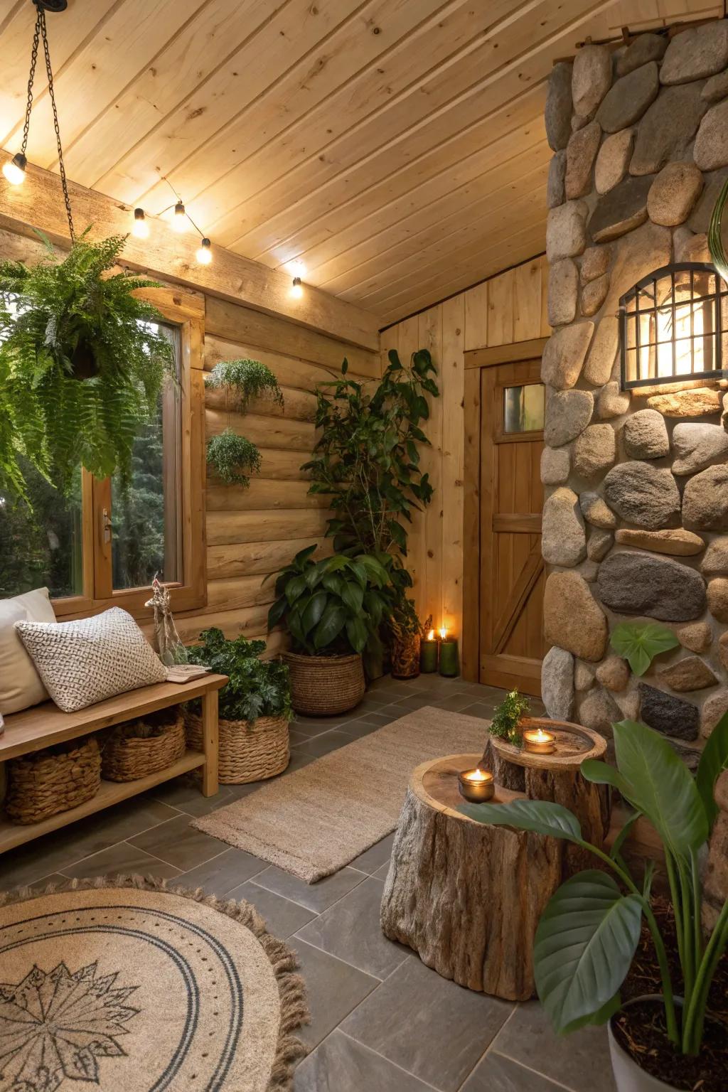 A nature-inspired den styled with earthy shades and natural components.