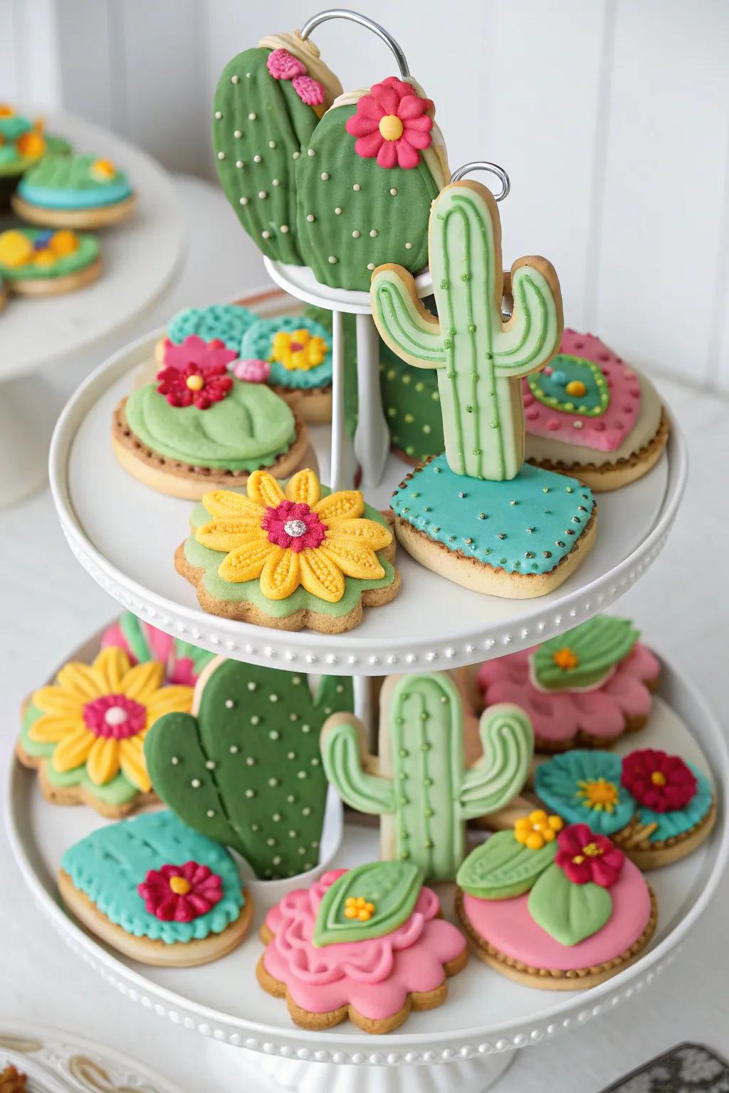 A tiered stand showcasing prickly pear-molded pastries embellished with radiant buttercream blossoms.