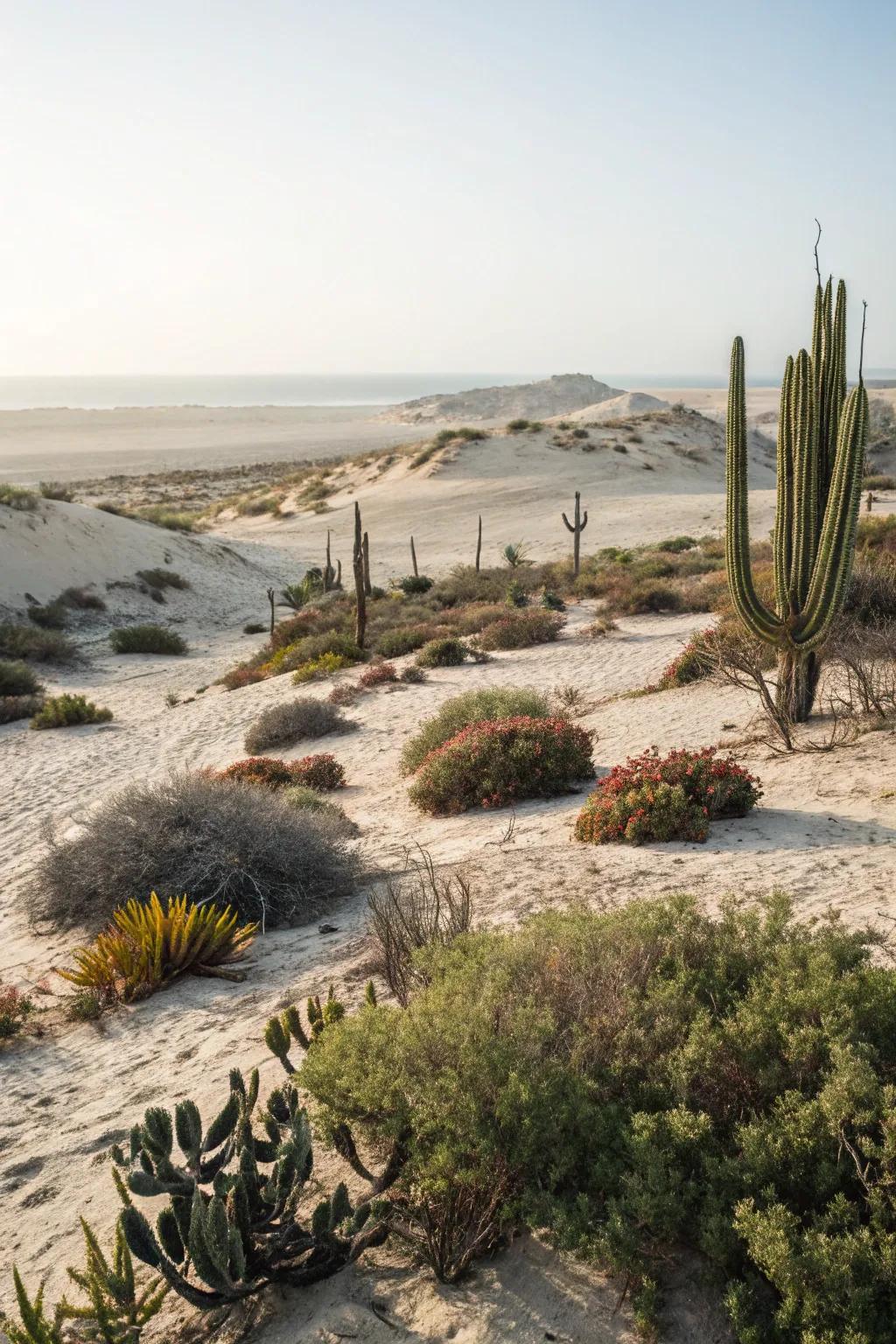 A minimalist planting approach that empowers the singular elegance of each plant to emerge within a desert-themed backdrop.